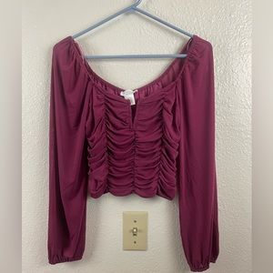 Kirious Crop Top Corset Style Boning V-Neck Blouse Maroon Long Sleeve NWT Small